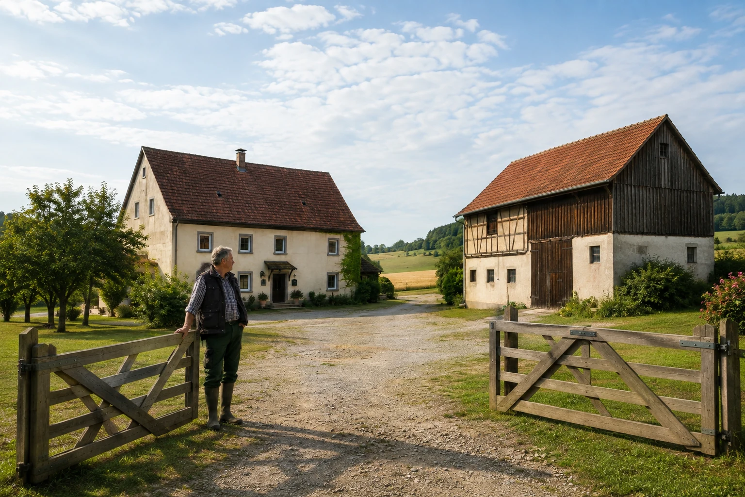 Vollerwerbslandwirt auf einem mitteleuropäischen Hof mit Acker und Wirtschaftsgebäuden
