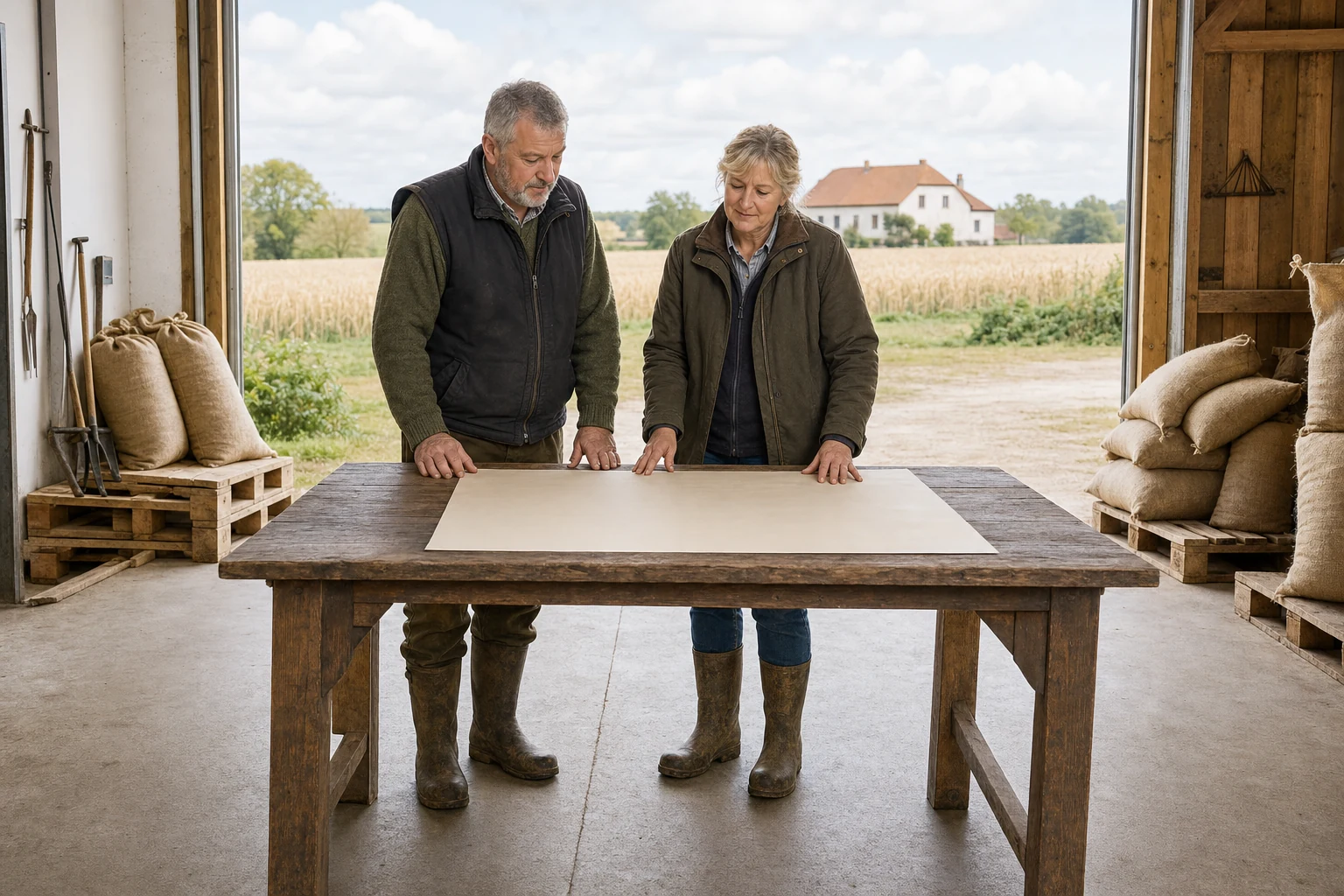 Landwirt und Ehefrau besprechen den Verkauf ihres Vollerwerbsbetriebs